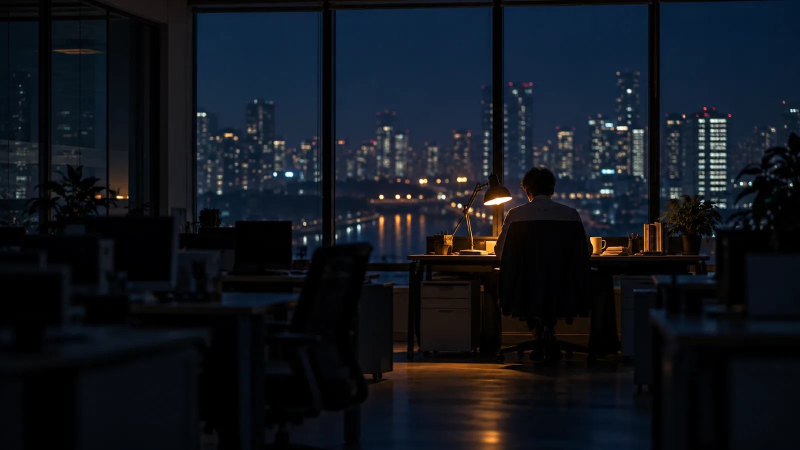夜のオフィスで、ひとつだけ灯りのついた席に座る人の後ろ姿